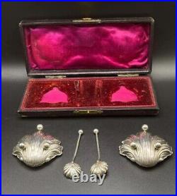 Antique 1899 Chester Sterling Silver Victorian Cased Shell Salts matching Spoons