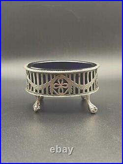 Antique 1915 Open Salt Cellar, English Sterling Cobalt Glass, Chester Tableware