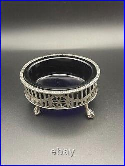 Antique 1915 Open Salt Cellar, English Sterling Cobalt Glass, Chester Tableware