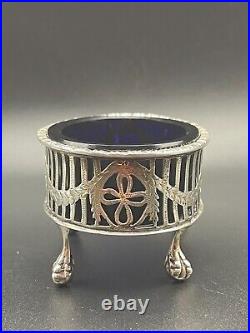 Antique 1915 Open Salt Cellar, English Sterling Cobalt Glass, Chester Tableware