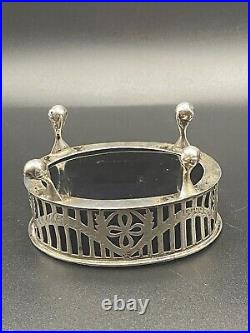 Antique 1915 Open Salt Cellar, English Sterling Cobalt Glass, Chester Tableware