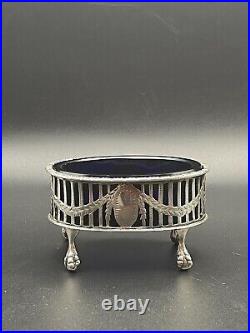 Antique 1915 Open Salt Cellar, English Sterling Cobalt Glass, Chester Tableware