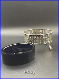 Antique 1915 Open Salt Cellar, English Sterling Cobalt Glass, Chester Tableware