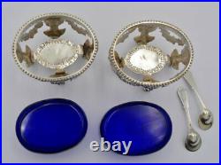 Antique 19th France Rare Pair Salt Cellars 950 Silver And Blue Glass net 226gr
