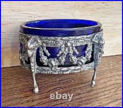 Antique 800 Silver Salt Cellar Cobalt Blue Glass Rare Ram Heads Style