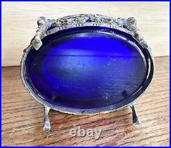 Antique 800 Silver Salt Cellar Cobalt Blue Glass Rare Ram Heads Style