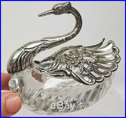 Antique 835 Marked Silver and Cut Glass Swan Form Master Salt Cellar