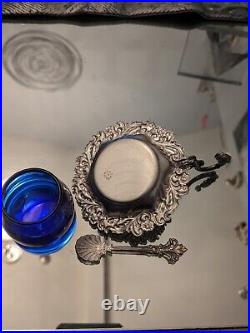 Antique A. R. G 1000 Italian Silverplate & Cobalt Open Salt Cellar W Spoon
