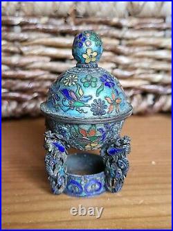 Antique Asian Enamel Cloisonne Silver Salt Cellar With Dragons