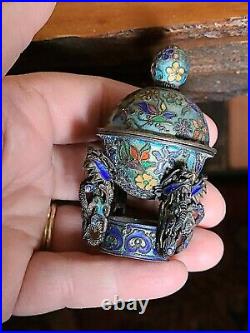 Antique Asian Enamel Cloisonne Silver Salt Cellar With Dragons