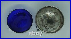 Antique Baldwin & Miller Sterling Silver Lion Paw Salt Cellar Cobalt Blue Liner