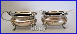 Antique Birks Sterling Silver Salt Cellar Blue Cobalt Glass Footed Set