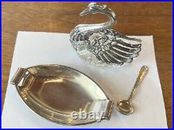 Antique CAMUSSO Sterling Swan Salt Cellar Tray Spoon Hinged Wings Pristine