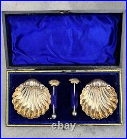 Antique Cased Sterling Shell Salt Cellars Spoons William Henry L Birmingham 1898