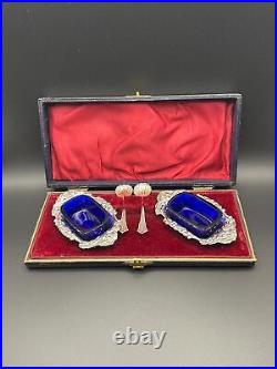 Antique Cased Sterling Silver Cobalt Blue Condiment Set, Birmingham 1901