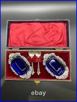 Antique Cased Sterling Silver Cobalt Blue Condiment Set, Birmingham 1901