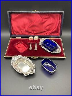 Antique Cased Sterling Silver Cobalt Blue Condiment Set, Birmingham 1901