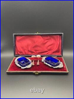 Antique Cased Sterling Silver Cobalt Blue Condiment Set, Birmingham 1901