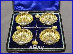 Antique Cased Victorian Sterling Silver Scallop Shell Salt Cellars & Spoons x 4