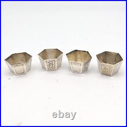 Antique Chinese Export Silver Salt Cellar Dish Cup Set Engraved 6 Sided Tai Shan