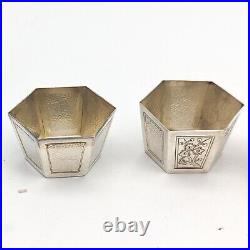 Antique Chinese Export Silver Salt Cellar Dish Cup Set Engraved 6 Sided Tai Shan