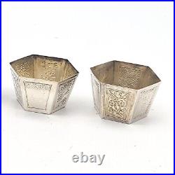 Antique Chinese Export Silver Salt Cellar Dish Cup Set Engraved 6 Sided Tai Shan