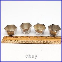 Antique Chinese Export Silver Salt Cellar Dish Cup Set Engraved 6 Sided Tai Shan