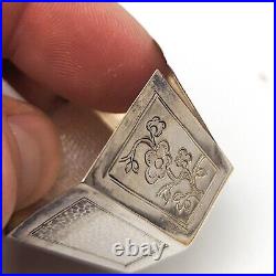 Antique Chinese Export Silver Salt Cellar Dish Cup Set Engraved 6 Sided Tai Shan