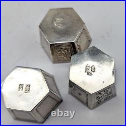 Antique Chinese Export Silver Salt Cellar Dish Cup Set Engraved 6 Sided Tai Shan