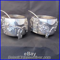 Antique Chinese Export Solid Silver Twin Salt Cellars by Kwong Man Shing, c1900