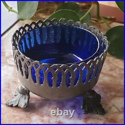 Antique Cobalt Blue Blown Glass Footed Salt Cellar Bowl Ornate Silver Tone