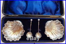 Antique Dated 1901 Cased Set 4pc Sterling Silver Salts & Ss Spoons English Shell