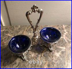 Antique Double Salt Cellars Sterling Silver Blue Glass Napoleon III Style 19th C