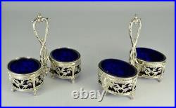 Antique Elegant Pair of Double Salt Cellars Sterling Silver Blue Glass 19th C