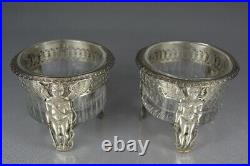 Antique Elegant Pair of Salt Cellars Salerons Sterling Silver Crystal 19th C