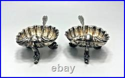 Antique English Pair Sterling Silver Salt Cellar Shell Bowl Spoon Set Dolphins