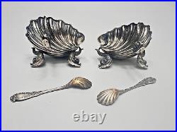 Antique English Pair Sterling Silver Salt Cellar Shell Bowl Spoon Set Dolphins