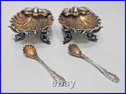 Antique English Pair Sterling Silver Salt Cellar Shell Bowl Spoon Set Dolphins