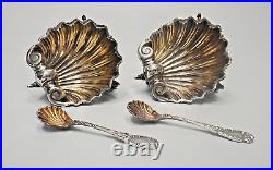 Antique English Pair Sterling Silver Salt Cellar Shell Bowl Spoon Set Dolphins