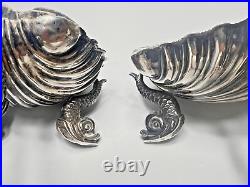 Antique English Pair Sterling Silver Salt Cellar Shell Bowl Spoon Set Dolphins