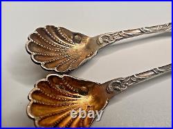 Antique English Pair Sterling Silver Salt Cellar Shell Bowl Spoon Set Dolphins