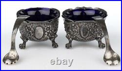 Antique English Sterling Silver Open Salts Victorian Repousse with Cobalt Liners