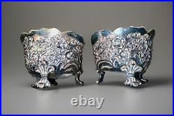 Antique English Sterling Silver Open Salts Victorian Repousse with Cobalt Liners