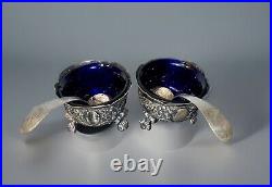 Antique English Sterling Silver Open Salts Victorian Repousse with Cobalt Liners