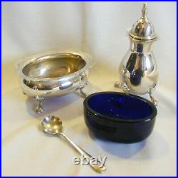 Antique English Sterling Silver Salt Cellar Pot/Pepper Shaker/Spoon 1941 Solid