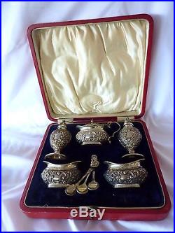 Antique English Sterling Silver Salt Set 8 Cellars Spoons Box John Gilbert & Co