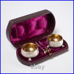 Antique Engraved Silver Plate Open Salt Cellar Bowls With Spoons Box 2 Piece set