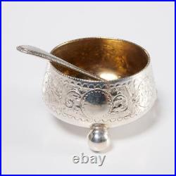 Antique Engraved Silver Plate Open Salt Cellar Bowls With Spoons Box 2 Piece set