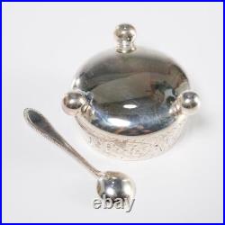 Antique Engraved Silver Plate Open Salt Cellar Bowls With Spoons Box 2 Piece set