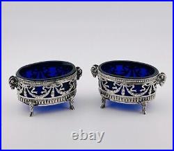 Antique European Pair salt Cellar 800 Sterling Silver Blue Crystal